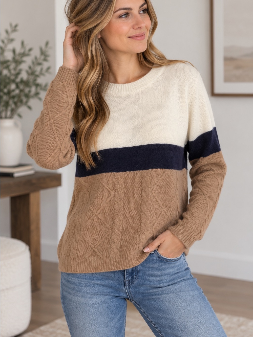 BIBI Tennessee Jane Colorblock Cable Knit Sweater Size Large NWT